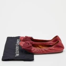 Pre Owned Lanvin Burgundy Leather Bow Scrunch Ballet Flats Size 39