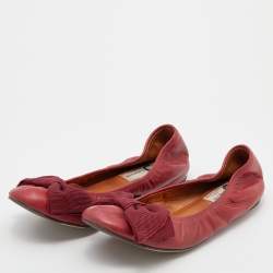 Pre Owned Lanvin Burgundy Leather Bow Scrunch Ballet Flats Size 39