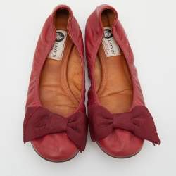Pre Owned Lanvin Burgundy Leather Bow Scrunch Ballet Flats Size 39