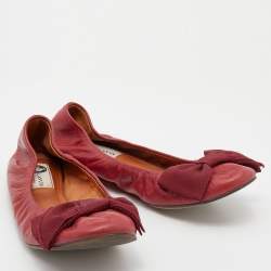 Pre Owned Lanvin Burgundy Leather Bow Scrunch Ballet Flats Size 39