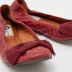 Pre Owned Lanvin Burgundy Leather Bow Scrunch Ballet Flats Size 39