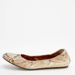 Pre Owned Lanvin Beige/Brown Python Leather Scrunch Ballet Flats Size 41