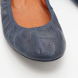 Pre Owned Lanvin Blue Snakeskin Embossed Leather Scrunch Ballet Flats Size 39