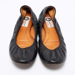 Pre Owned Lanvin Black Leather Scrunch Ballet Flats Size 39.5