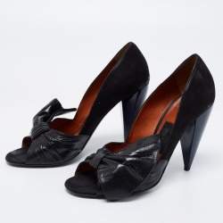 Pre Owned Lanvin Black Leather Knotted Bow Peep Toe Pumps Size 38.5