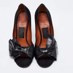 Pre Owned Lanvin Black Leather Knotted Bow Peep Toe Pumps Size 38.5