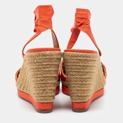 Pre Owned Lanvin Orange Fabric Espadrilles Wedge Ankle Wrap Sandals Size 40