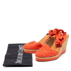 Pre Owned Lanvin Orange Fabric Espadrilles Wedge Ankle Wrap Sandals Size 40