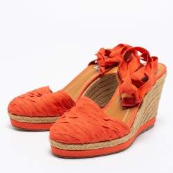 Pre Owned Lanvin Orange Fabric Espadrilles Wedge Ankle Wrap Sandals Size 40