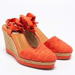 Pre Owned Lanvin Orange Fabric Espadrilles Wedge Ankle Wrap Sandals Size 40