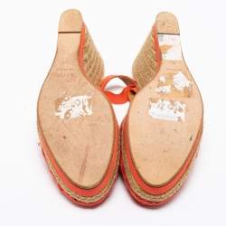 Pre Owned Lanvin Orange Fabric Espadrilles Wedge Ankle Wrap Sandals Size 40