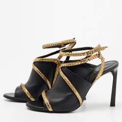 Pre Owned Lanvin Black/Gold Leather and Embossed Snakeskin Trim Ankle-Strap Sandals Size 38
