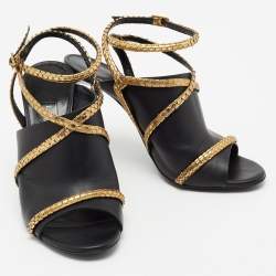 Pre Owned Lanvin Black/Gold Leather and Embossed Snakeskin Trim Ankle-Strap Sandals Size 38