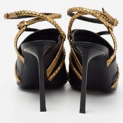 Pre Owned Lanvin Black/Gold Leather and Embossed Snakeskin Trim Ankle-Strap Sandals Size 38