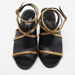Pre Owned Lanvin Black/Gold Leather and Embossed Snakeskin Trim Ankle-Strap Sandals Size 38