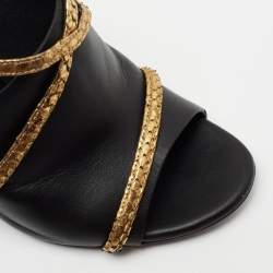 Pre Owned Lanvin Black/Gold Leather and Embossed Snakeskin Trim Ankle-Strap Sandals Size 38