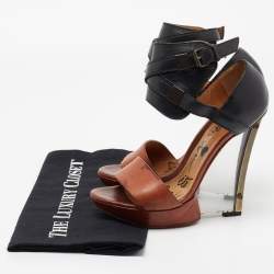 Lanvin Black/Brown Leather Ankle Strap Wedge Sandals Size 37