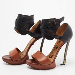 Lanvin Black/Brown Leather Ankle Strap Wedge Sandals Size 37