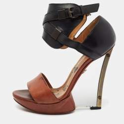 Lanvin Black/Brown Leather Ankle Strap Wedge Sandals Size 37