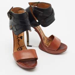 Lanvin Black/Brown Leather Ankle Strap Wedge Sandals Size 37