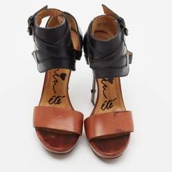 Lanvin Black/Brown Leather Ankle Strap Wedge Sandals Size 37