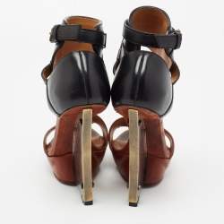 Lanvin Black/Brown Leather Ankle Strap Wedge Sandals Size 37