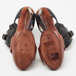 Lanvin Black/Brown Leather Ankle Strap Wedge Sandals Size 37