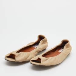 Pre Owned Lanvin Metallic Beige Leather Peep Toe Ballet Flats Size 38.5