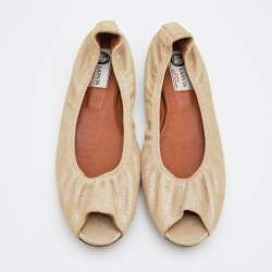 Pre Owned Lanvin Metallic Beige Leather Peep Toe Ballet Flats Size 38.5