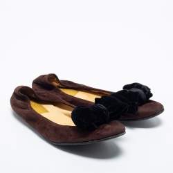 Lanvin Brown Suede Leather Bow Scrunch Ballet Flats Size 38