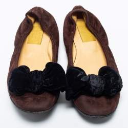 Lanvin Brown Suede Leather Bow Scrunch Ballet Flats Size 38