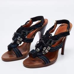 Lanvin Navy Blue Crystal Embellished Braided Fabric Slingback Sandals Size 39.5