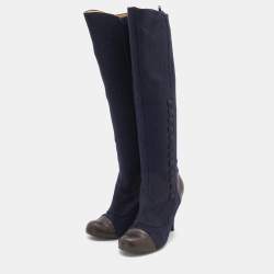 Lanvin Navy Blue/Brown Fabric And Leather Knee Length Boots Size 38