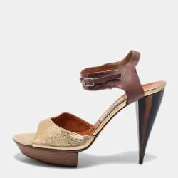 Lanvin Gold/Brown Leather Ankle Strap Sandals Size 40