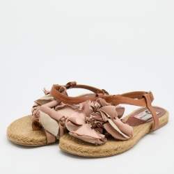 Pre Owned Lanvin Pink/Brown Satin and Leather Flower T Strap Espadrille Flats Size 38