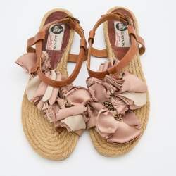 Pre Owned Lanvin Pink/Brown Satin and Leather Flower T Strap Espadrille Flats Size 38