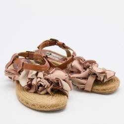 Pre Owned Lanvin Pink/Brown Satin and Leather Flower T Strap Espadrille Flats Size 38