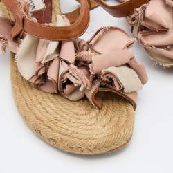 Pre Owned Lanvin Pink/Brown Satin and Leather Flower T Strap Espadrille Flats Size 38