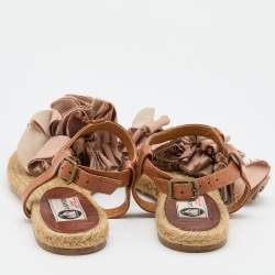 Pre Owned Lanvin Pink/Brown Satin and Leather Flower T Strap Espadrille Flats Size 38