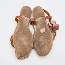 Pre Owned Lanvin Pink/Brown Satin and Leather Flower T Strap Espadrille Flats Size 38