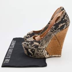 Pre Owned Lanvin Black/White Python Print Canvas Wedge Platform Ankle Wrap Pumps Size 37