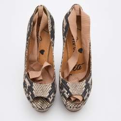 Pre Owned Lanvin Black/White Python Print Canvas Wedge Platform Ankle Wrap Pumps Size 37