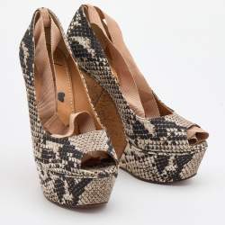 Pre Owned Lanvin Black/White Python Print Canvas Wedge Platform Ankle Wrap Pumps Size 37