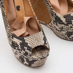 Pre Owned Lanvin Black/White Python Print Canvas Wedge Platform Ankle Wrap Pumps Size 37