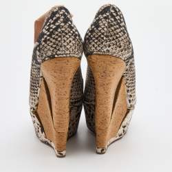 Pre Owned Lanvin Black/White Python Print Canvas Wedge Platform Ankle Wrap Pumps Size 37