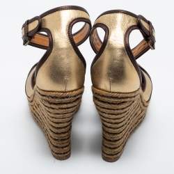 Pre Owned Lanvin Gold/Brown Leather Wedge Sandals Size 38