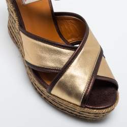 Pre Owned Lanvin Gold/Brown Leather Wedge Sandals Size 38