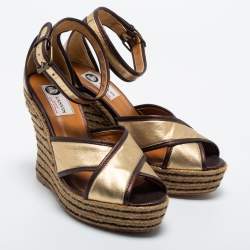 Pre Owned Lanvin Gold/Brown Leather Wedge Sandals Size 38