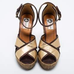 Pre Owned Lanvin Gold/Brown Leather Wedge Sandals Size 38