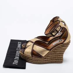 Pre Owned Lanvin Gold/Brown Leather Wedge Sandals Size 38